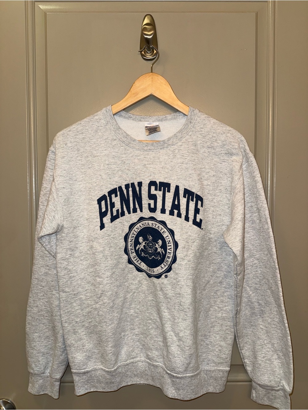 Jerzees Light Gray Penn State Crewneck Sweatshirt with Navy Logo